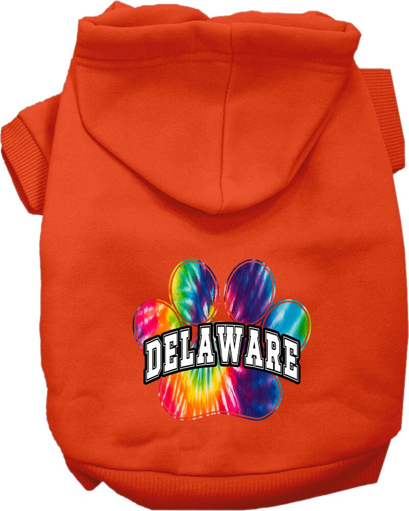 A small to medium pet wearing a colorful Delaware Bright Tie Dye hoodie, showcasing its soft fabric and convenient leash access hole.