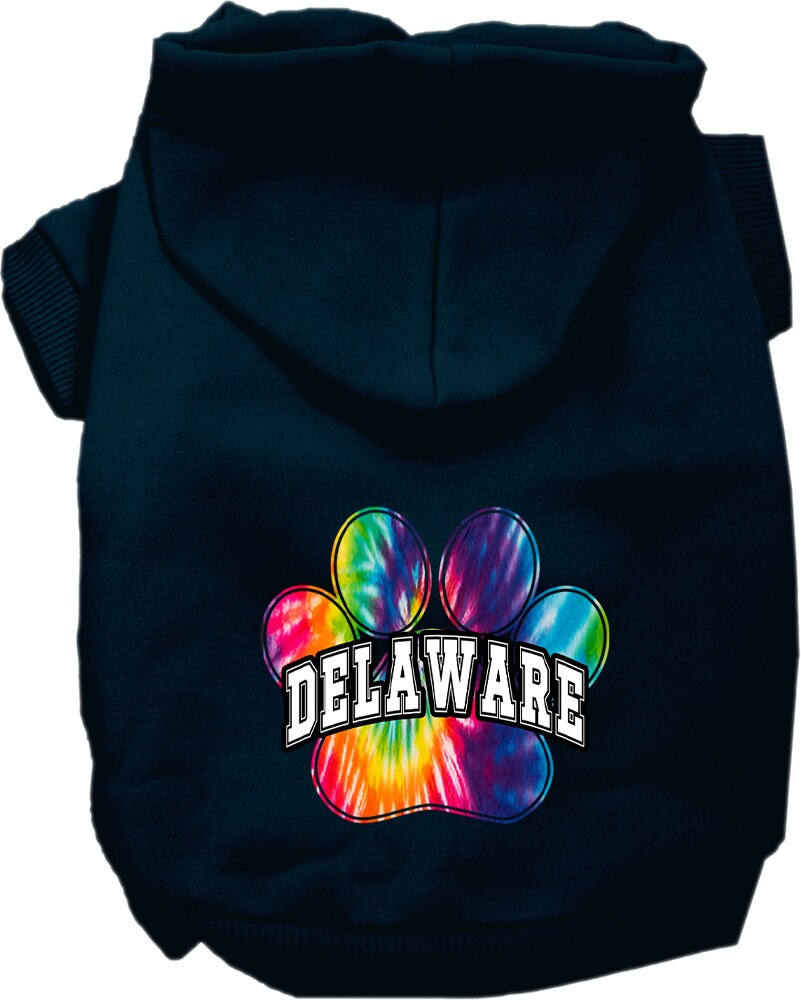 A small to medium pet wearing a colorful Delaware Bright Tie Dye hoodie, showcasing its soft fabric and convenient leash access hole.