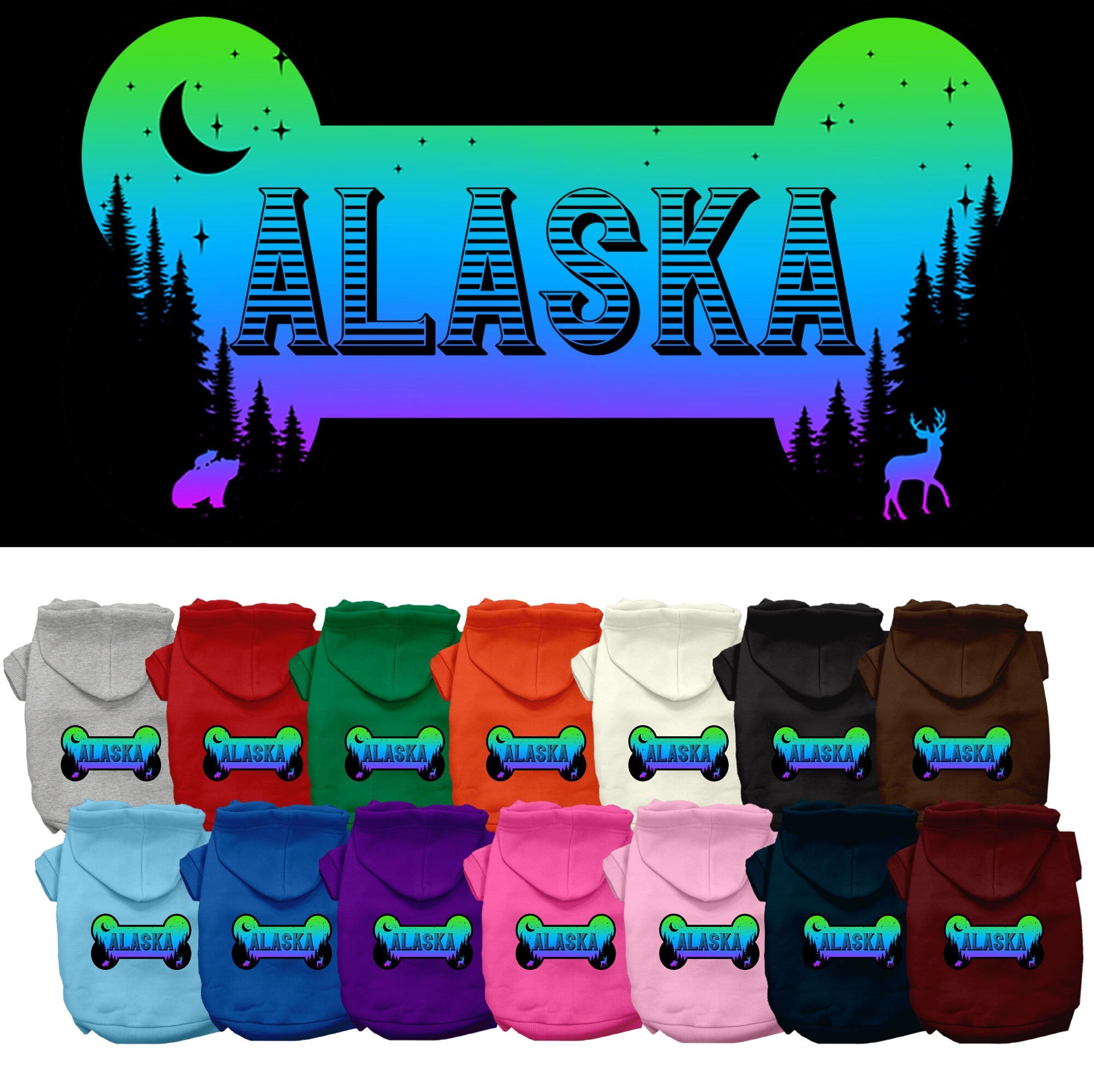 A cozy screen printed hoodie for small to medium pets, featuring the 'Alaska Mountain Shades' design, perfect for chilly weather.