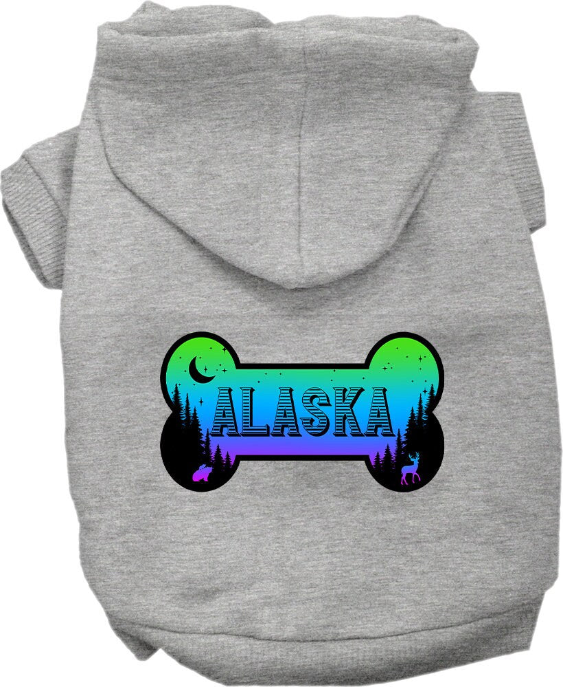 A cozy screen printed hoodie for small to medium pets, featuring the 'Alaska Mountain Shades' design, perfect for chilly weather.