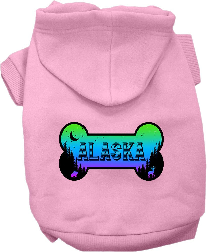A cozy screen printed hoodie for small to medium pets, featuring the 'Alaska Mountain Shades' design, perfect for chilly weather.