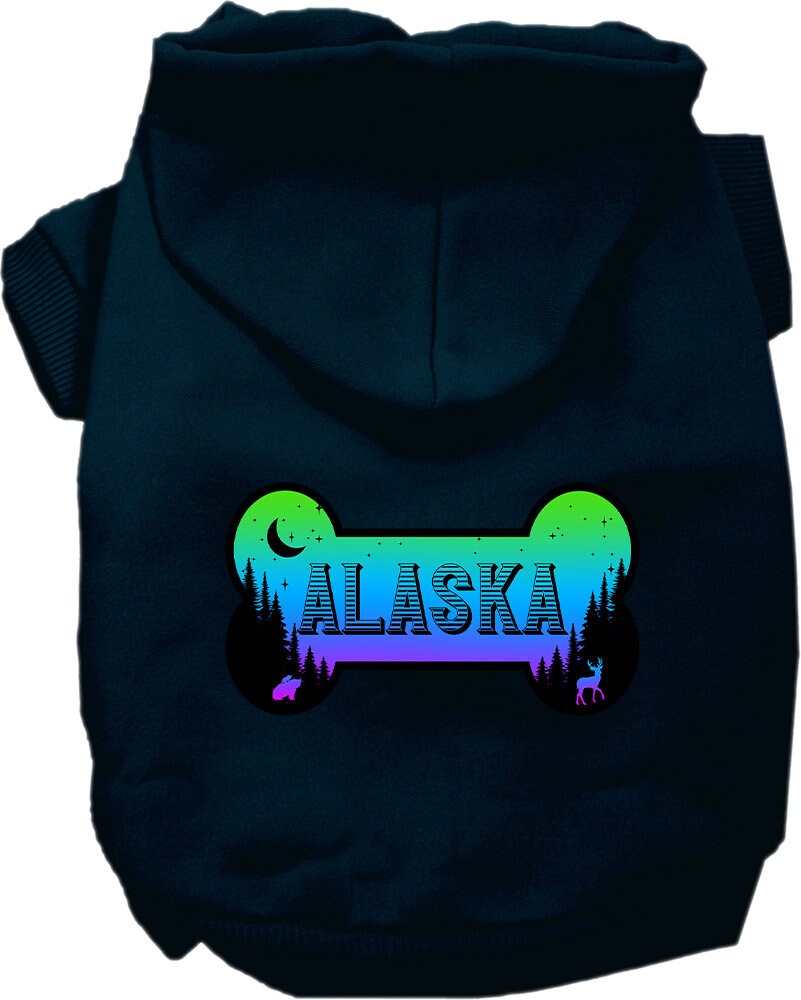 A cozy screen printed hoodie for small to medium pets, featuring the 'Alaska Mountain Shades' design, perfect for chilly weather.