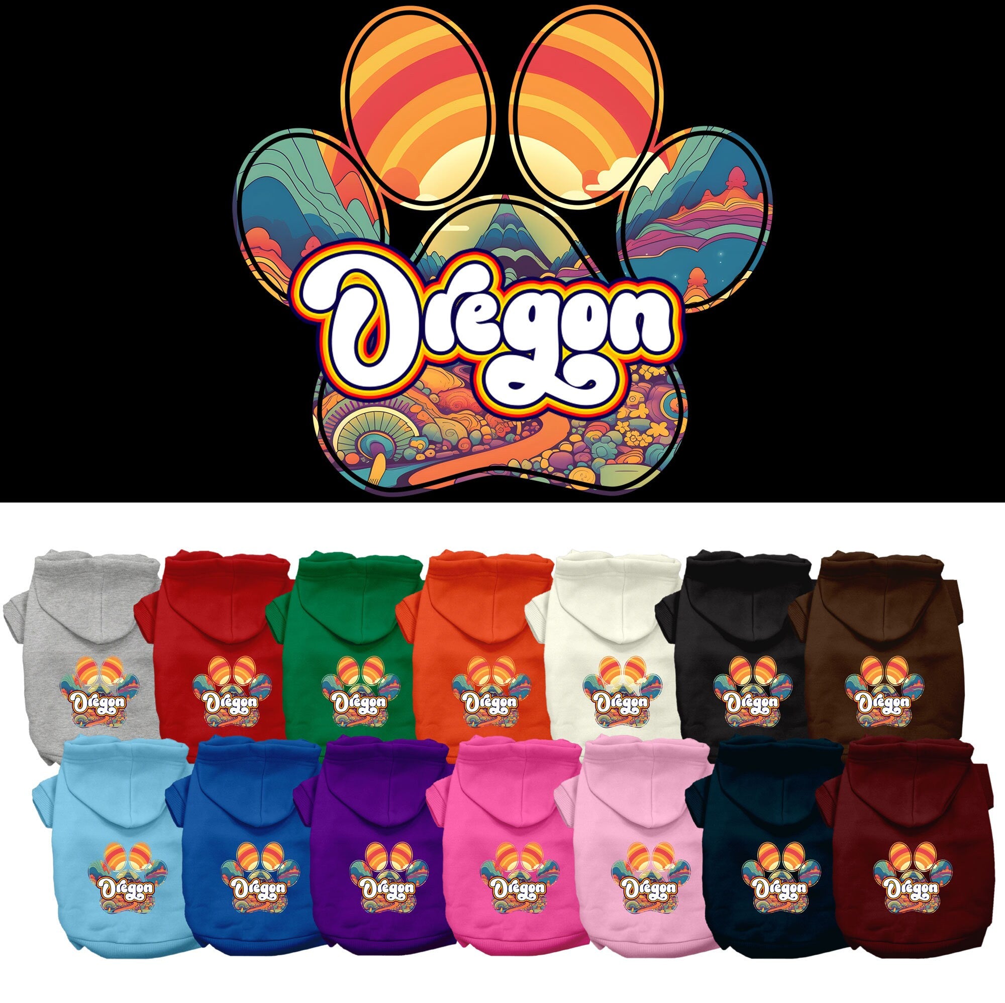 A cozy screen printed hoodie for small to medium pets, featuring the Oregon Groovy Summit design, showcasing its soft fabric and durable stitching.