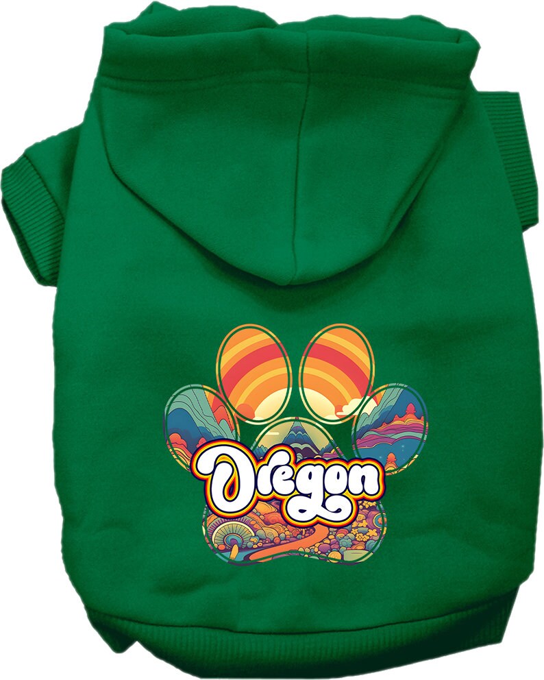 A cozy screen printed hoodie for small to medium pets, featuring the Oregon Groovy Summit design, showcasing its soft fabric and durable stitching.