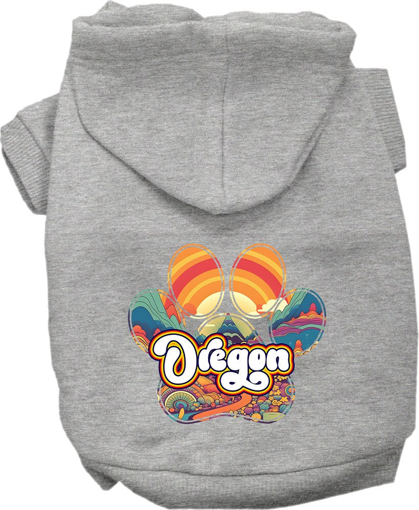 A cozy screen printed hoodie for small to medium pets, featuring the Oregon Groovy Summit design, showcasing its soft fabric and durable stitching.