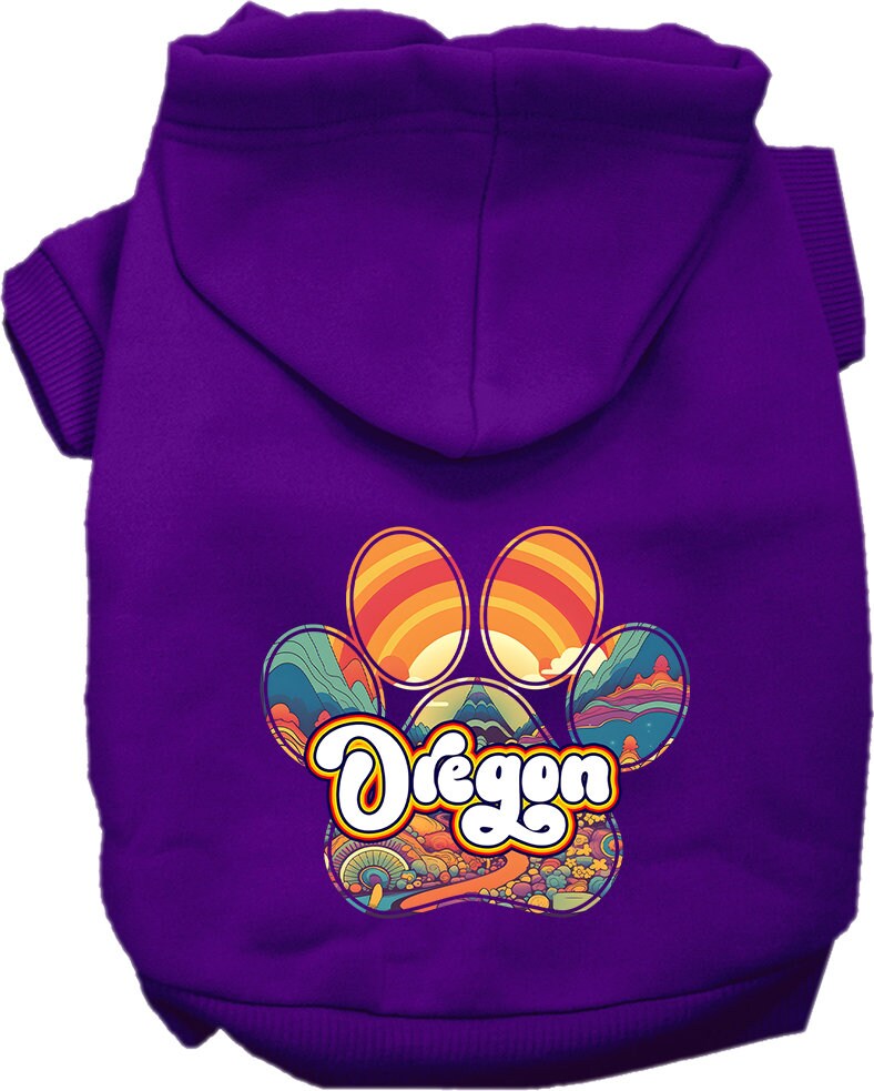 A cozy screen printed hoodie for small to medium pets, featuring the Oregon Groovy Summit design, showcasing its soft fabric and durable stitching.