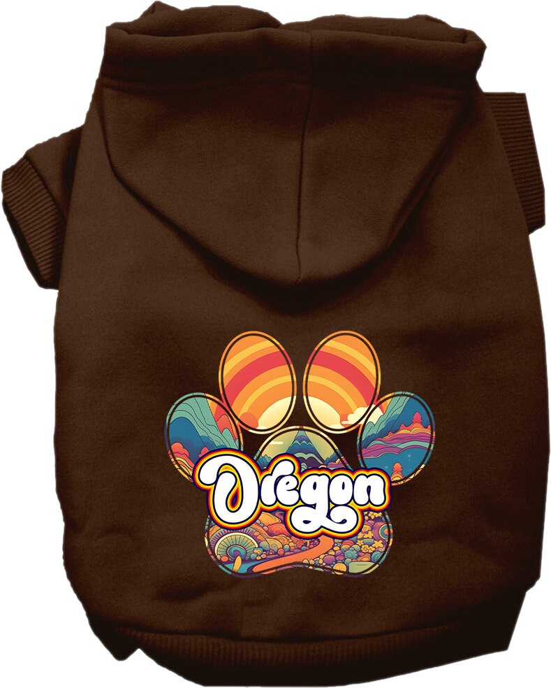 A cozy screen printed hoodie for small to medium pets, featuring the Oregon Groovy Summit design, showcasing its soft fabric and durable stitching.