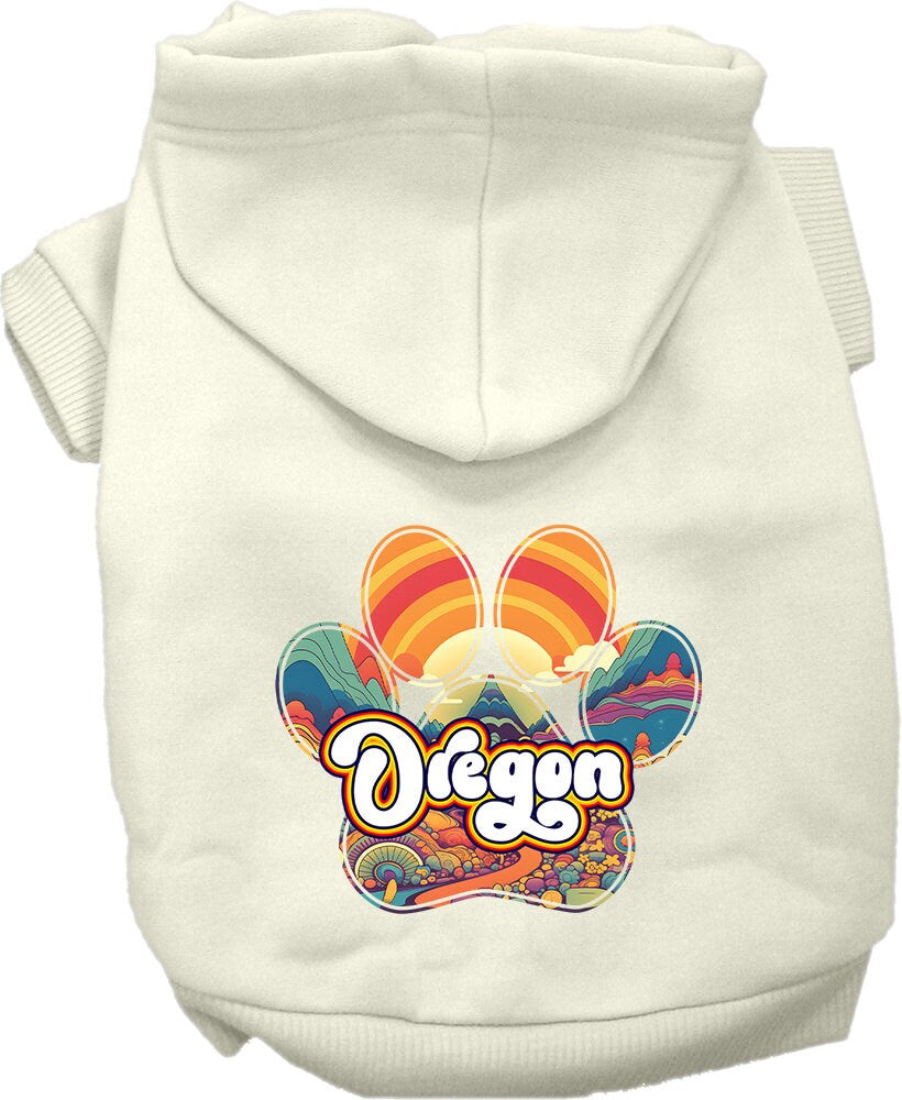 A cozy screen printed hoodie for small to medium pets, featuring the Oregon Groovy Summit design, showcasing its soft fabric and durable stitching.