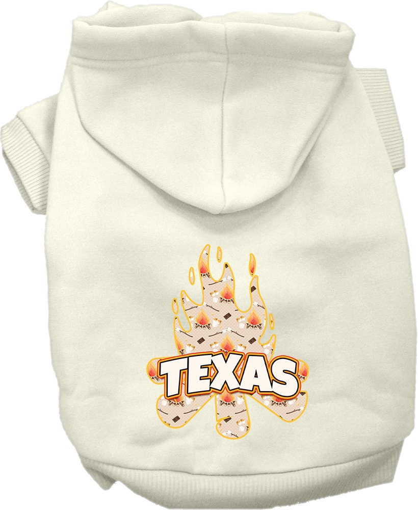 A cozy screen printed hoodie for small to medium pets, featuring a 'Texas Around The Campfire' design, showcasing its soft fabric and durable stitching.