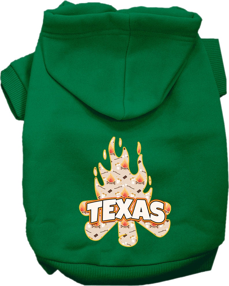 A cozy screen printed hoodie for small to medium pets, featuring a 'Texas Around The Campfire' design, showcasing its soft fabric and durable stitching.