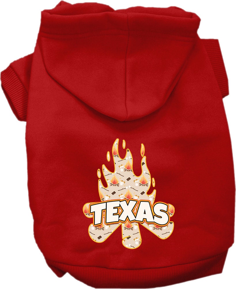 A cozy screen printed hoodie for small to medium pets, featuring a 'Texas Around The Campfire' design, showcasing its soft fabric and durable stitching.