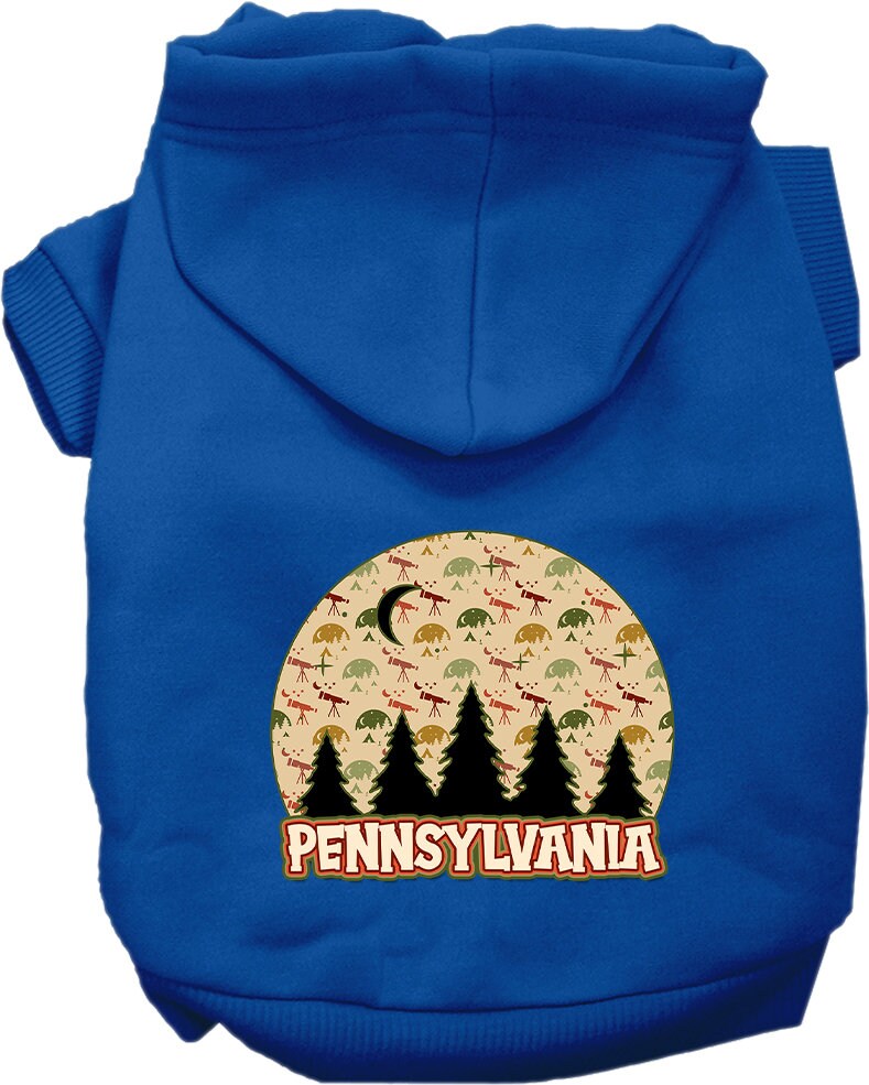 A cozy screen printed hoodie for small to medium pets, featuring a unique 'Pennsylvania Under The Stars' design, perfect for dogs and cats.