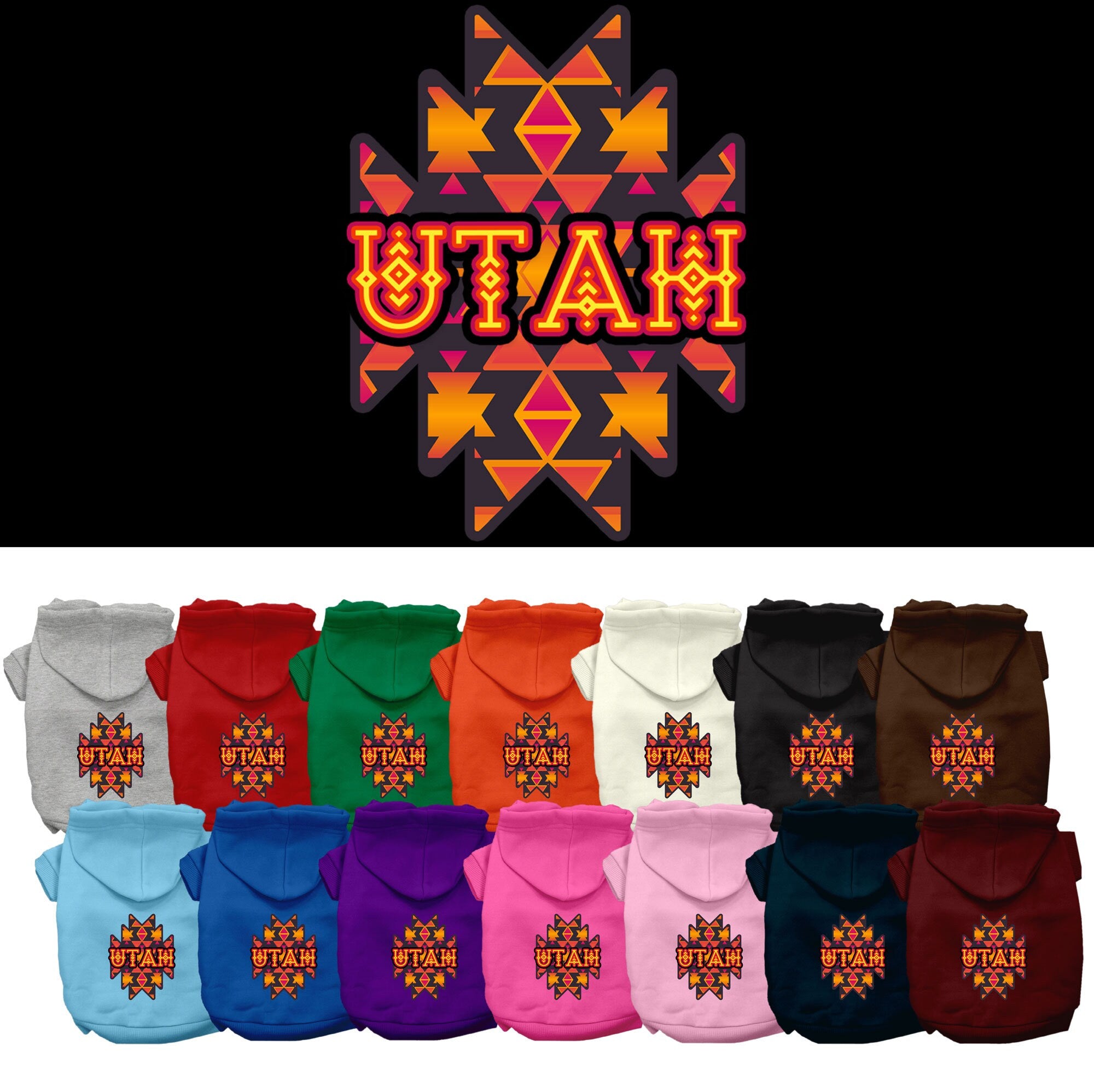 A small to medium pet wearing a soft, warm hoodie featuring a Utah Navajo Tribal print, showcasing its stylish design and convenient leash access.