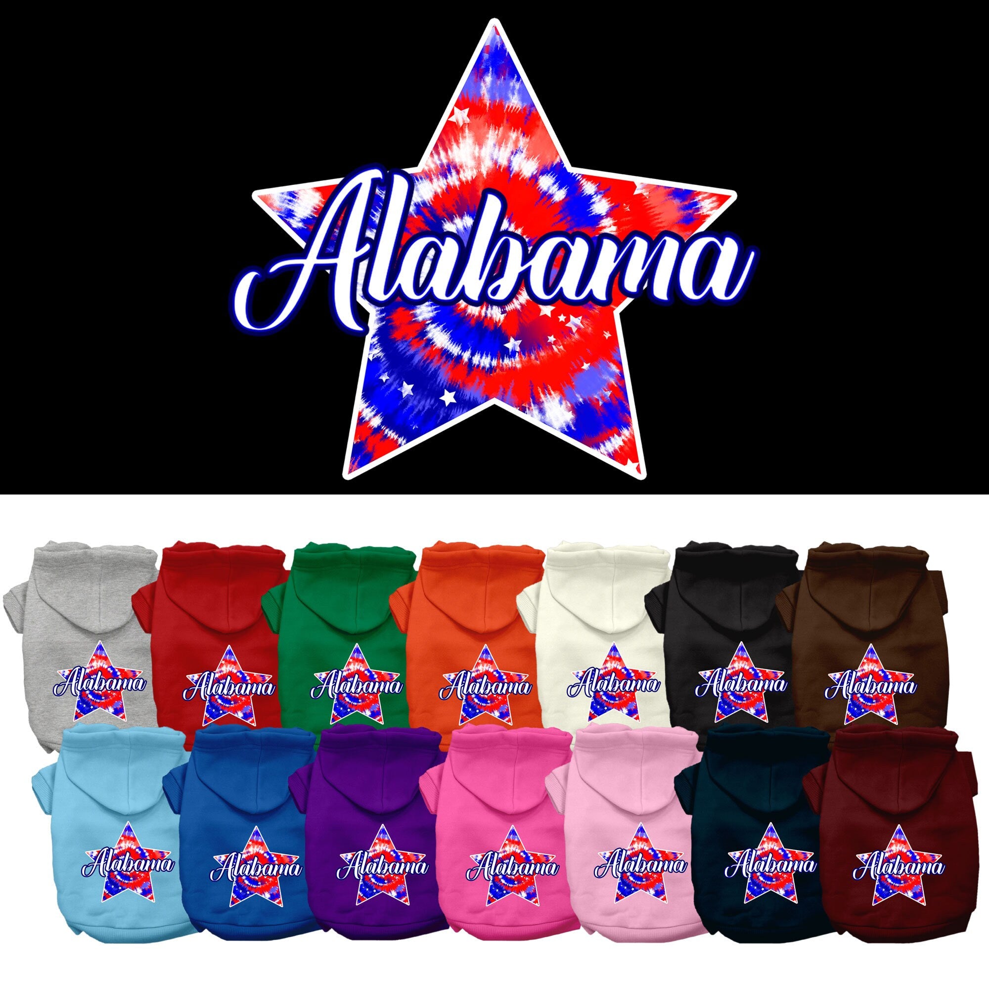 A small to medium pet wearing a vibrant Alabama Patriotic Tie Dye hoodie, showcasing a stylish and cozy design.