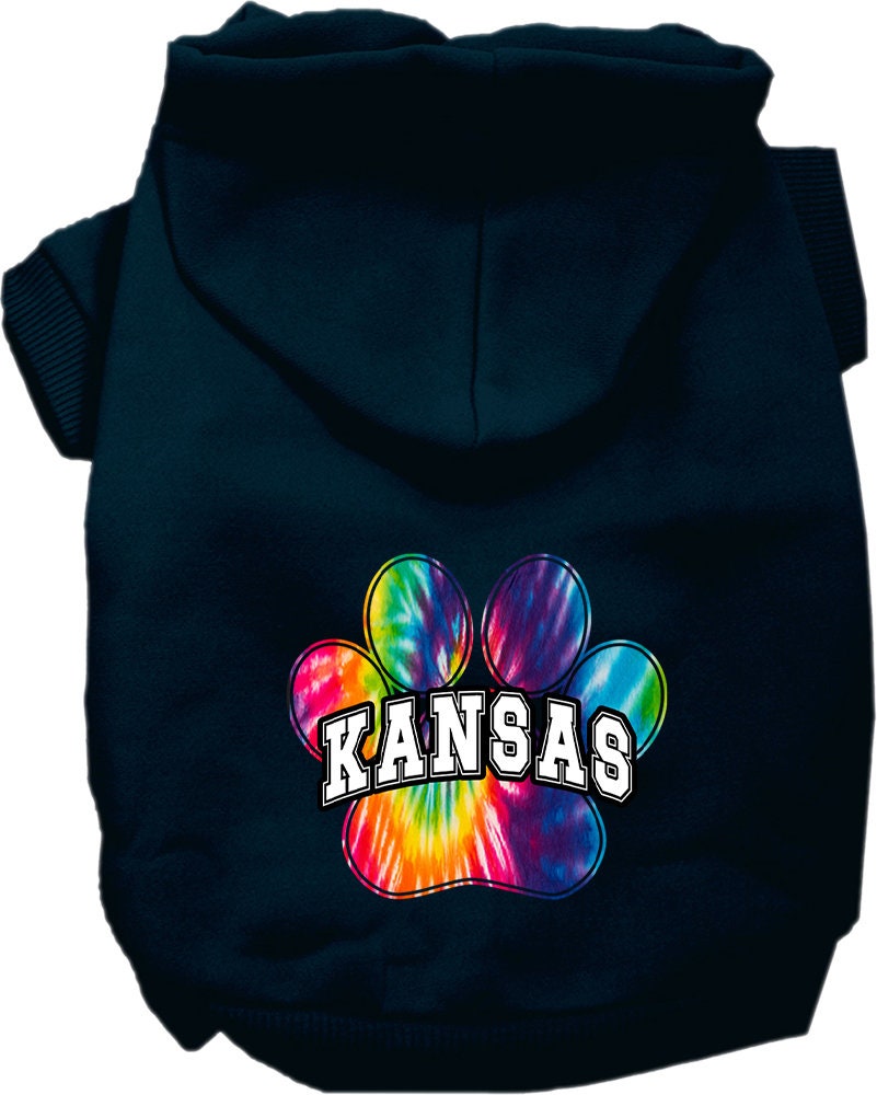 A small to medium pet wearing a Kansas Bright Tie Dye hoodie, showcasing vibrant colors and a comfortable fit.