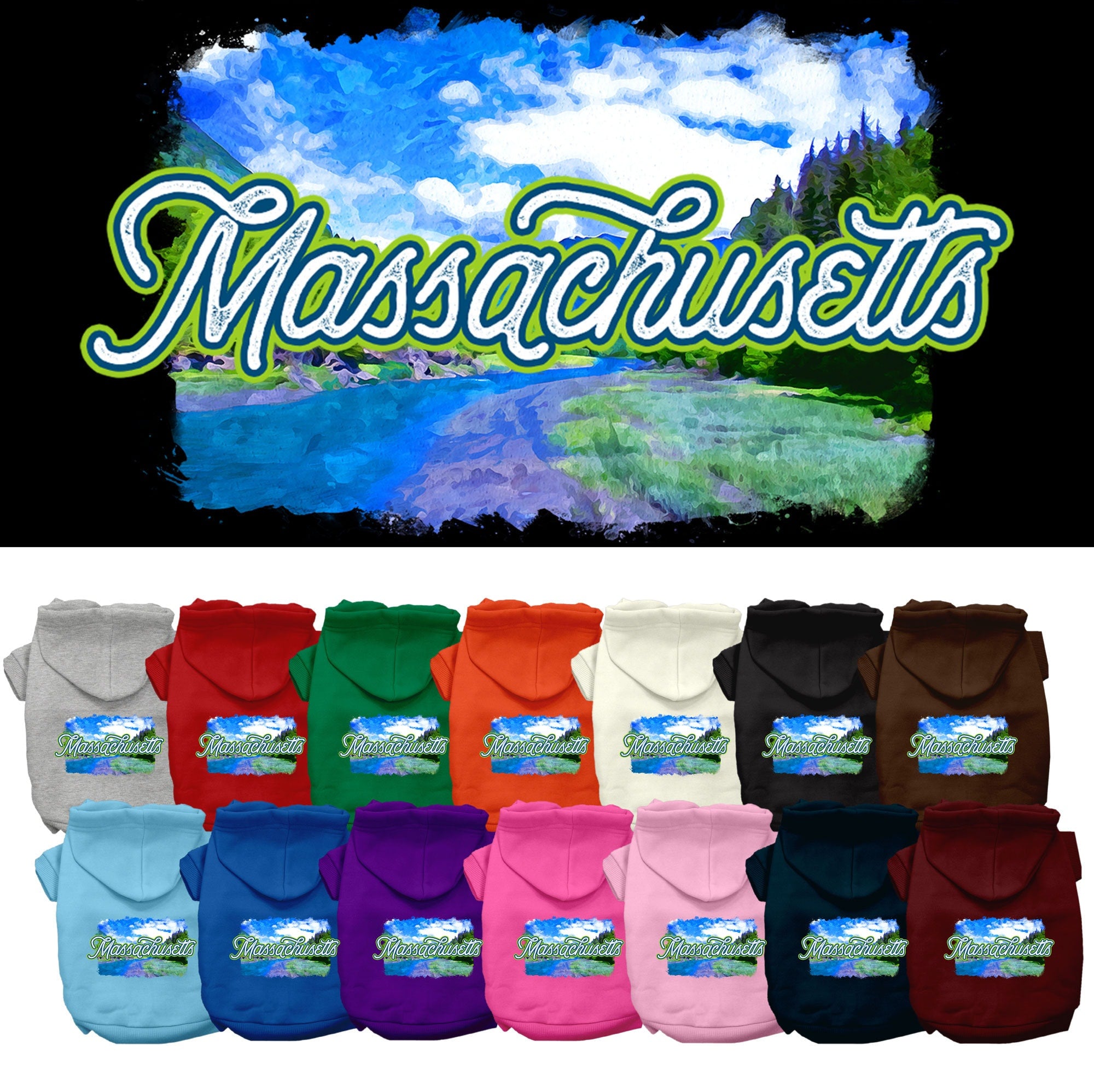 A small to medium pet wearing a cozy screen printed hoodie with a 'Massachusetts Summer' design, showcasing its soft fabric and convenient leash access.