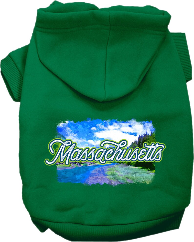 A small to medium pet wearing a cozy screen printed hoodie with a 'Massachusetts Summer' design, showcasing its soft fabric and convenient leash access.