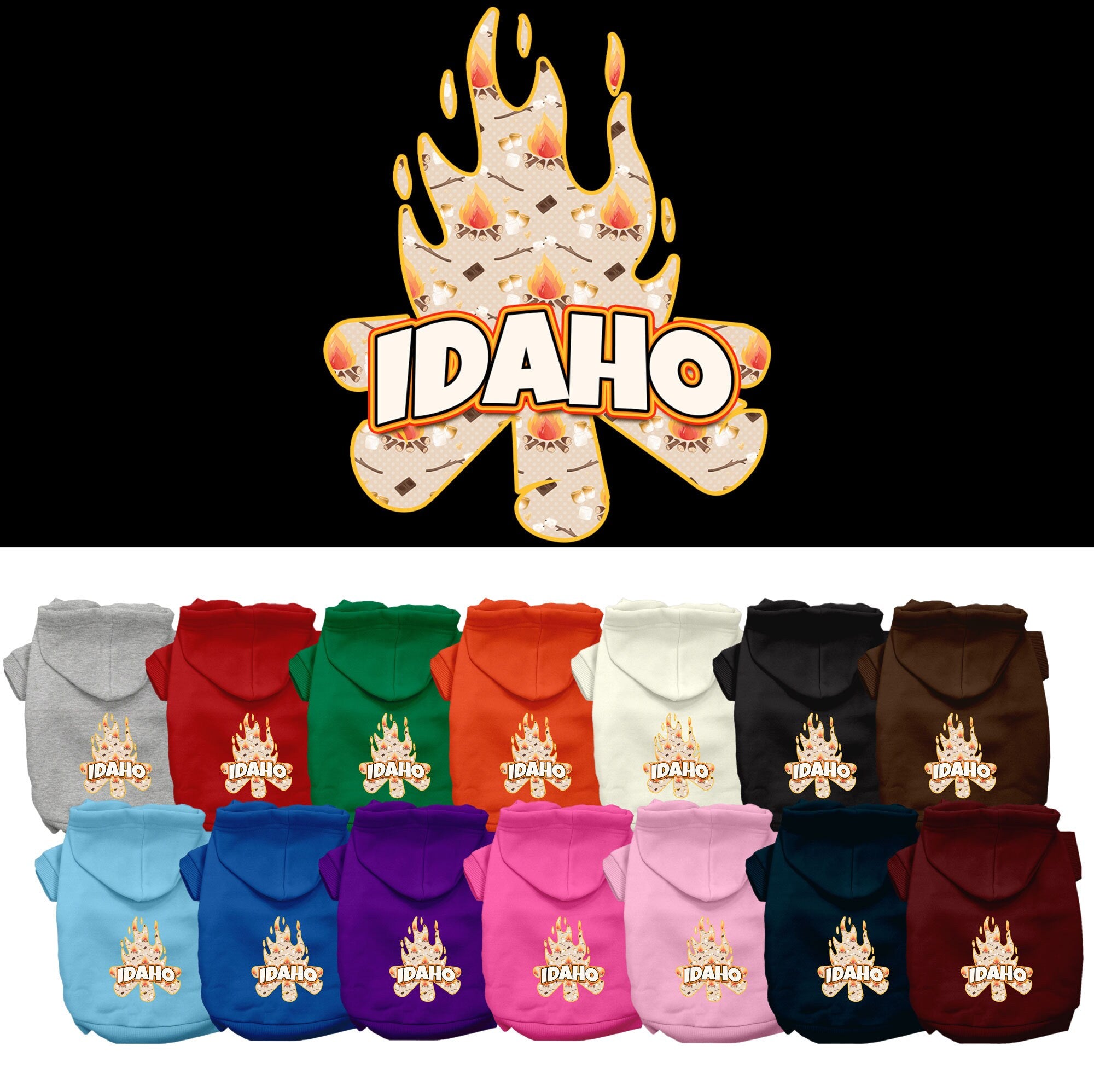 A cozy screen printed hoodie for small to medium pets featuring an Idaho campfire design, perfect for dogs and cats.