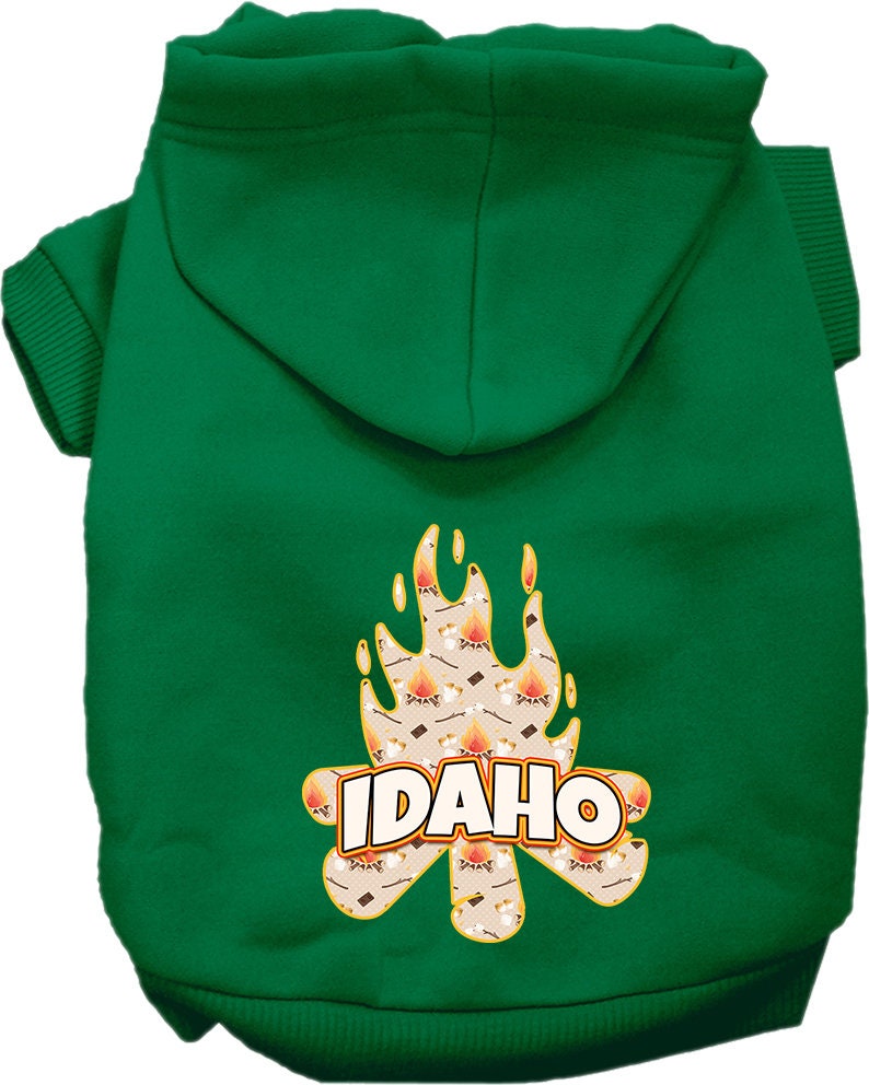 A cozy screen printed hoodie for small to medium pets featuring an Idaho campfire design, perfect for dogs and cats.