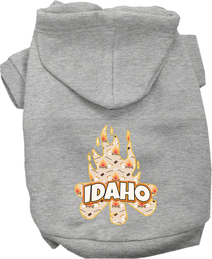 A cozy screen printed hoodie for small to medium pets featuring an Idaho campfire design, perfect for dogs and cats.