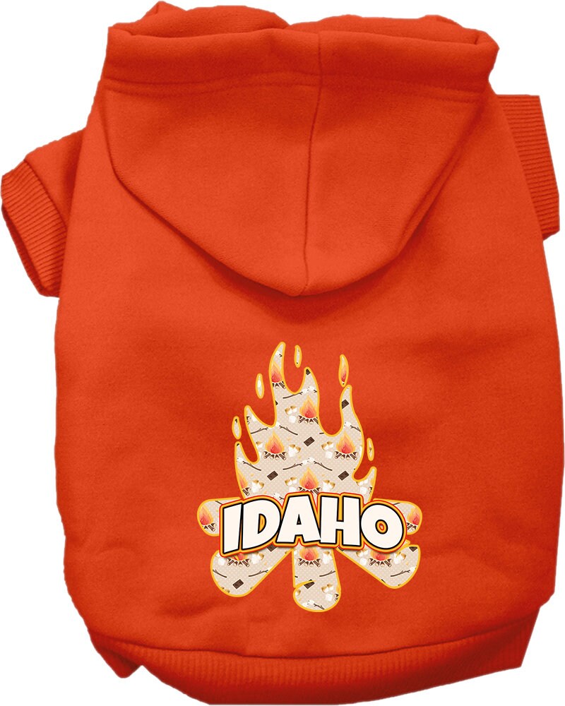 A cozy screen printed hoodie for small to medium pets featuring an Idaho campfire design, perfect for dogs and cats.