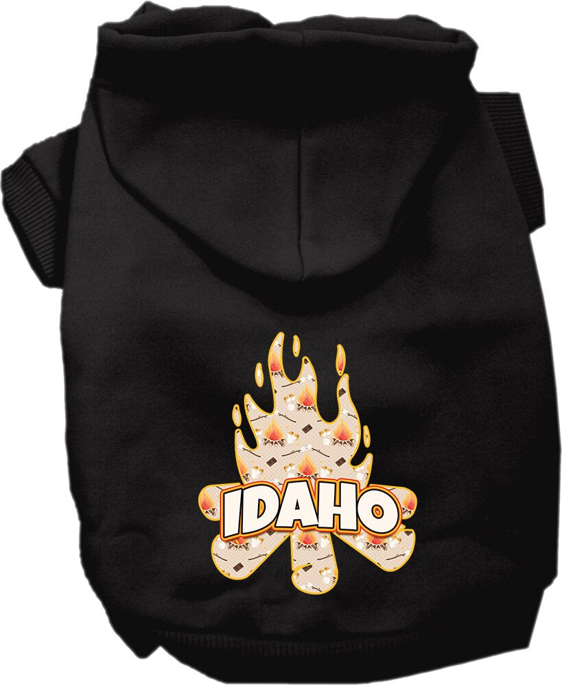 A cozy screen printed hoodie for small to medium pets featuring an Idaho campfire design, perfect for dogs and cats.