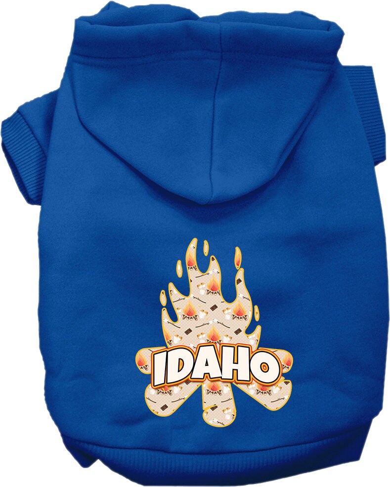 A cozy screen printed hoodie for small to medium pets featuring an Idaho campfire design, perfect for dogs and cats.
