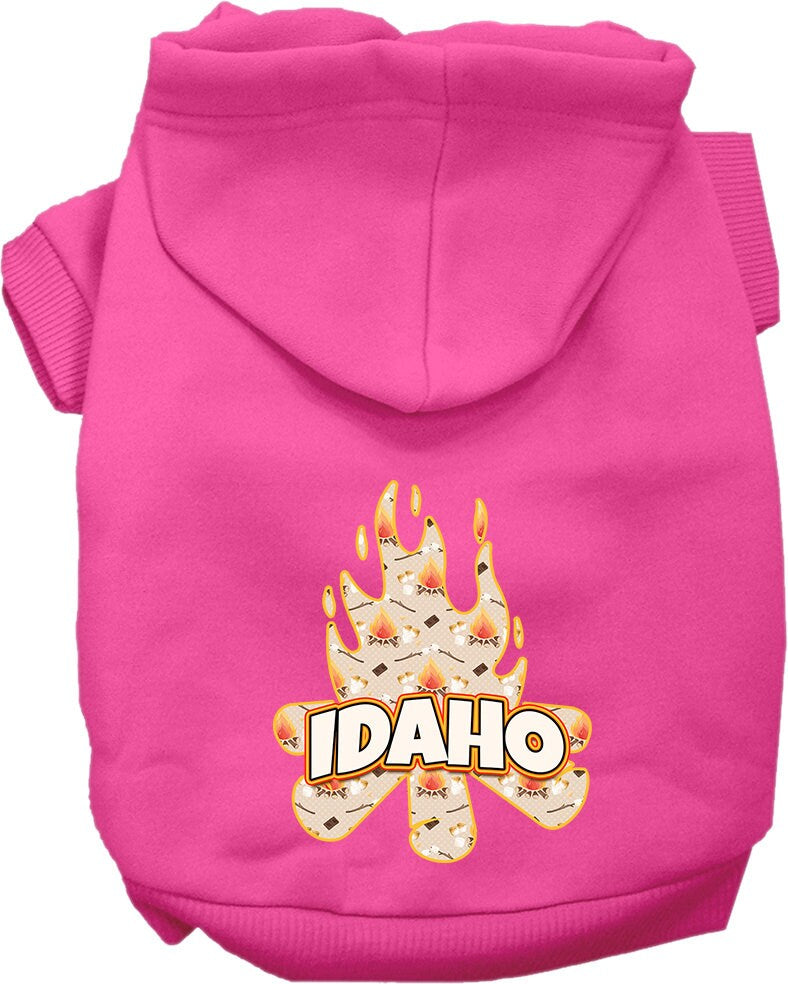 A cozy screen printed hoodie for small to medium pets featuring an Idaho campfire design, perfect for dogs and cats.