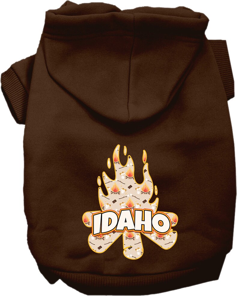 A cozy screen printed hoodie for small to medium pets featuring an Idaho campfire design, perfect for dogs and cats.