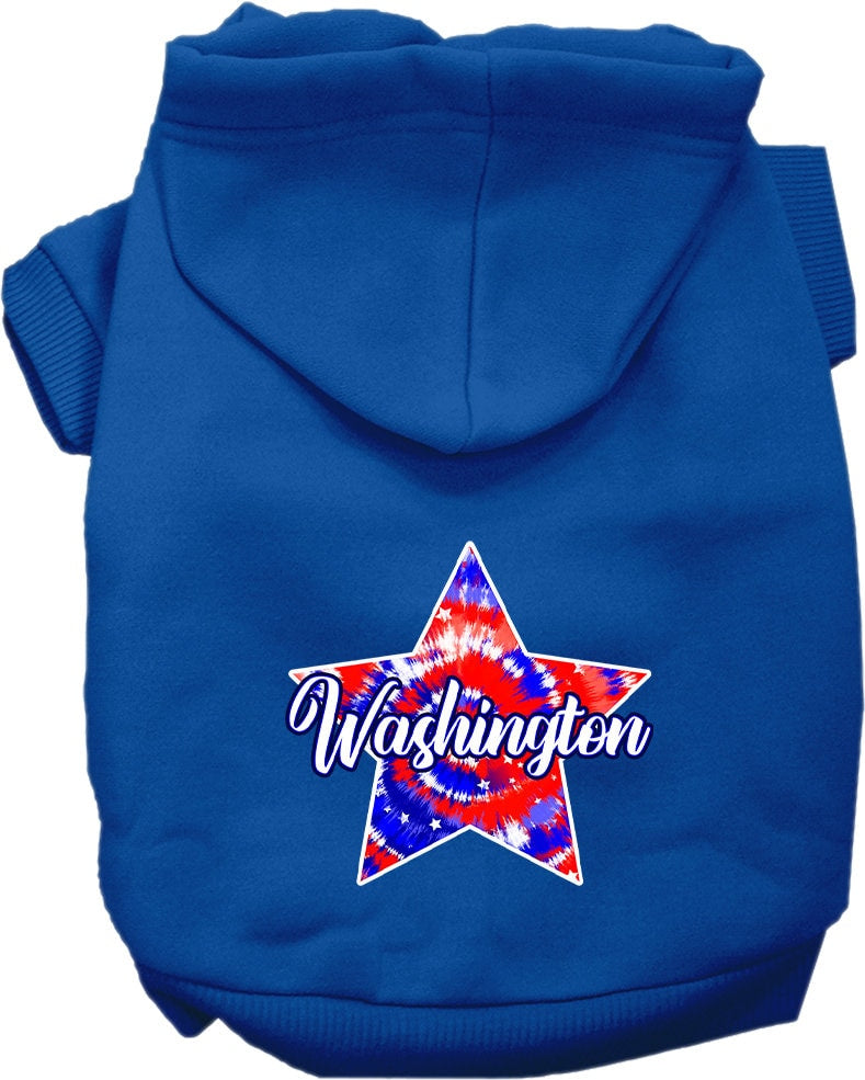 A small to medium pet wearing a Washington Patriotic Tie Dye hoodie, showcasing its vibrant colors and comfortable fit.