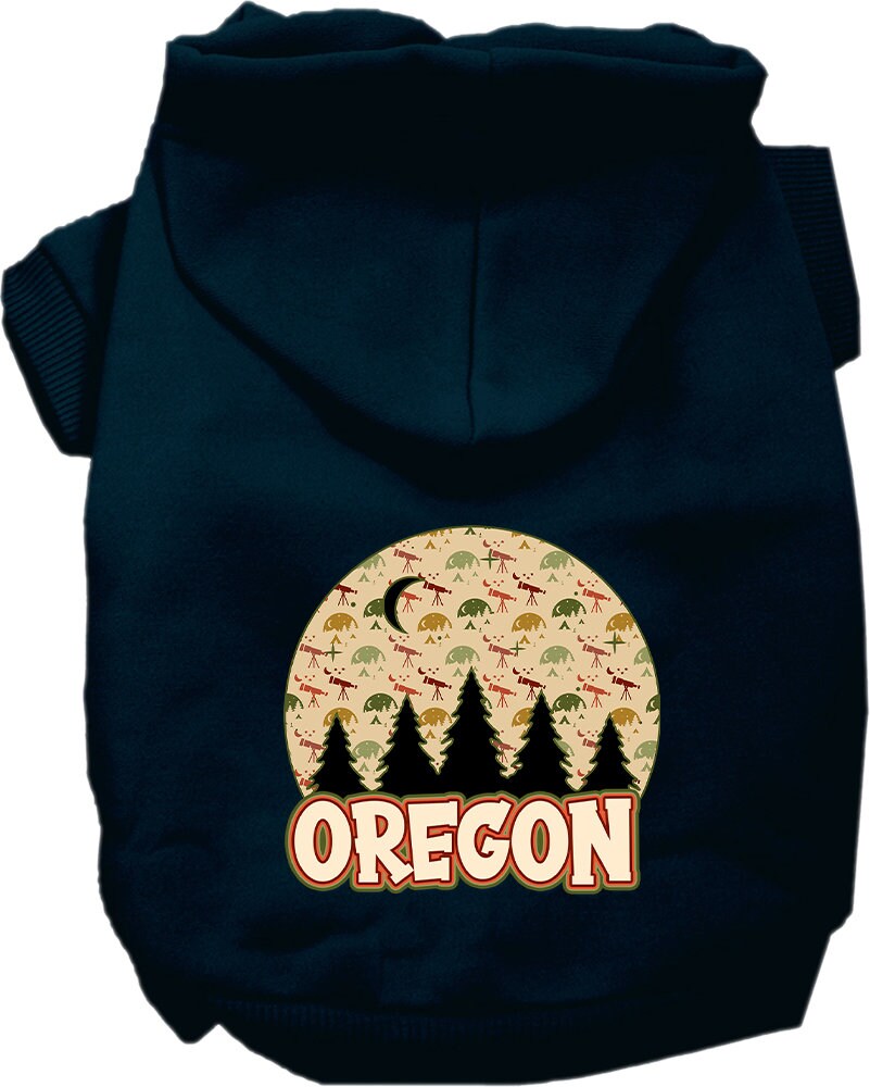 A cozy screen printed hoodie for small to medium pets, featuring a design of Oregon under the stars, perfect for dogs and cats.