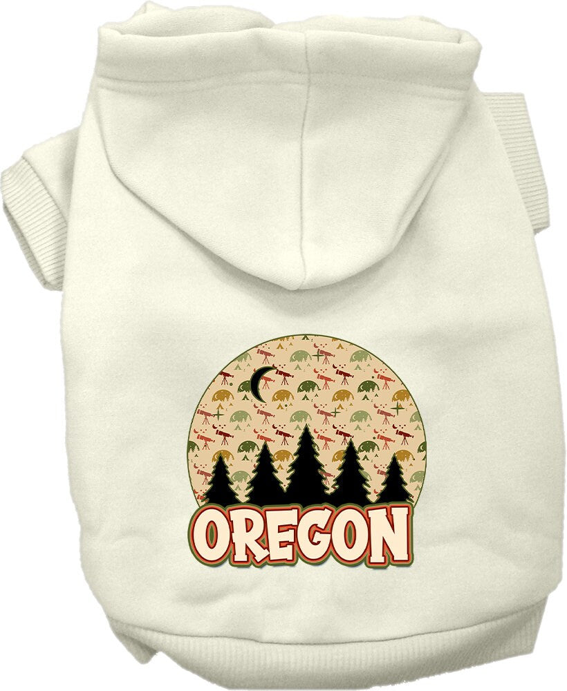 A cozy screen printed hoodie for small to medium pets, featuring a design of Oregon under the stars, perfect for dogs and cats.