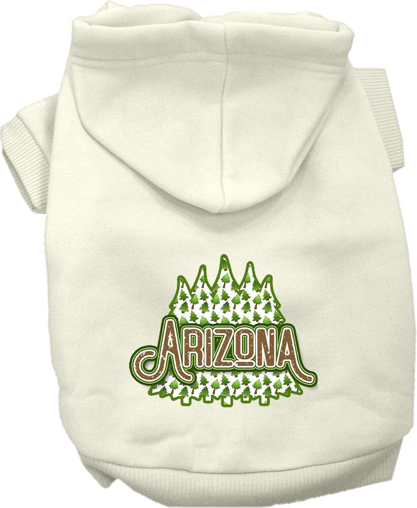 A cozy screen printed hoodie for small to medium pets featuring an Arizona Woodland Trees design, perfect for dogs and cats.