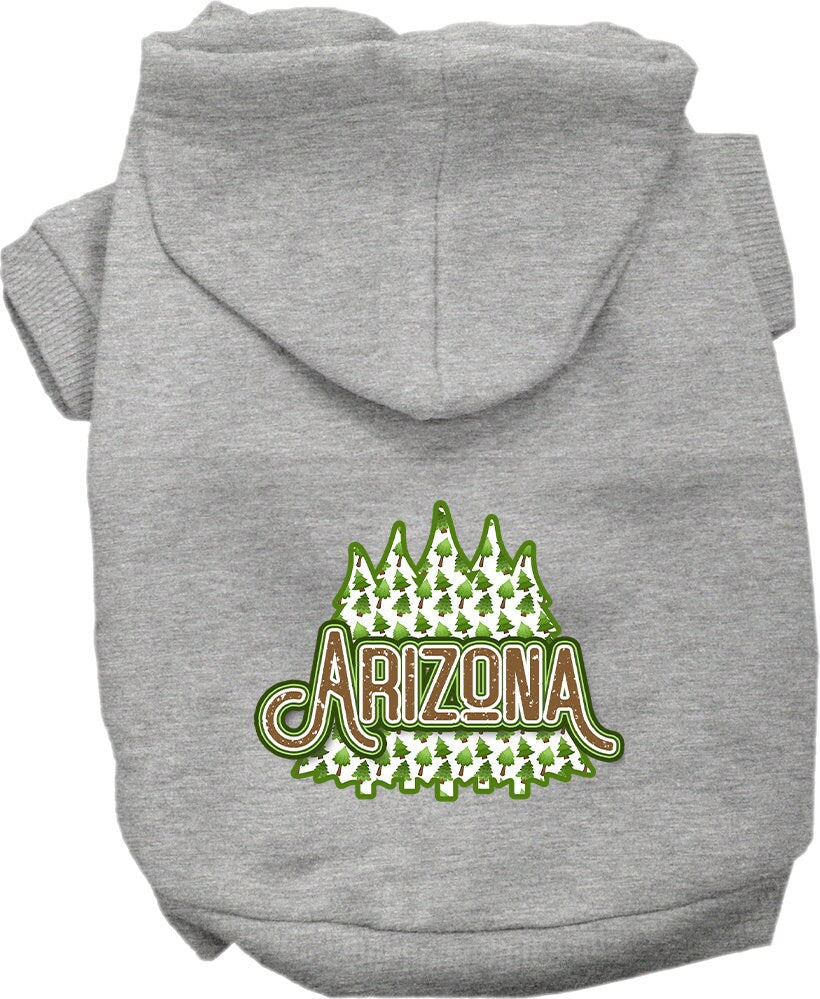 A cozy screen printed hoodie for small to medium pets featuring an Arizona Woodland Trees design, perfect for dogs and cats.