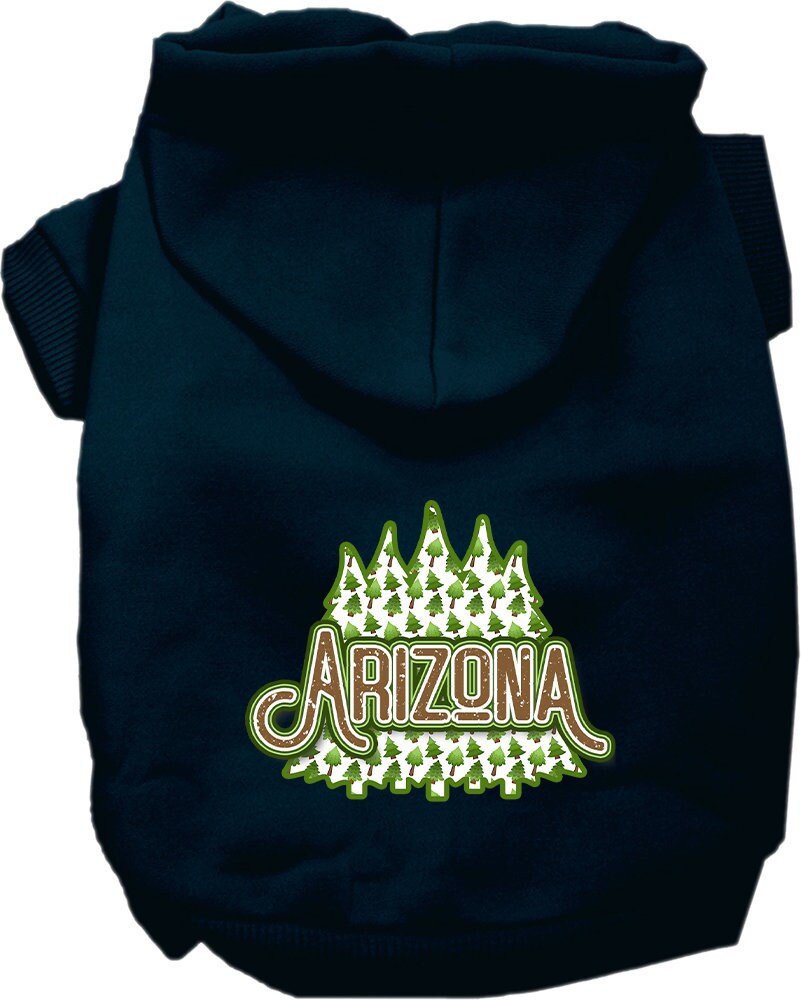 A cozy screen printed hoodie for small to medium pets featuring an Arizona Woodland Trees design, perfect for dogs and cats.