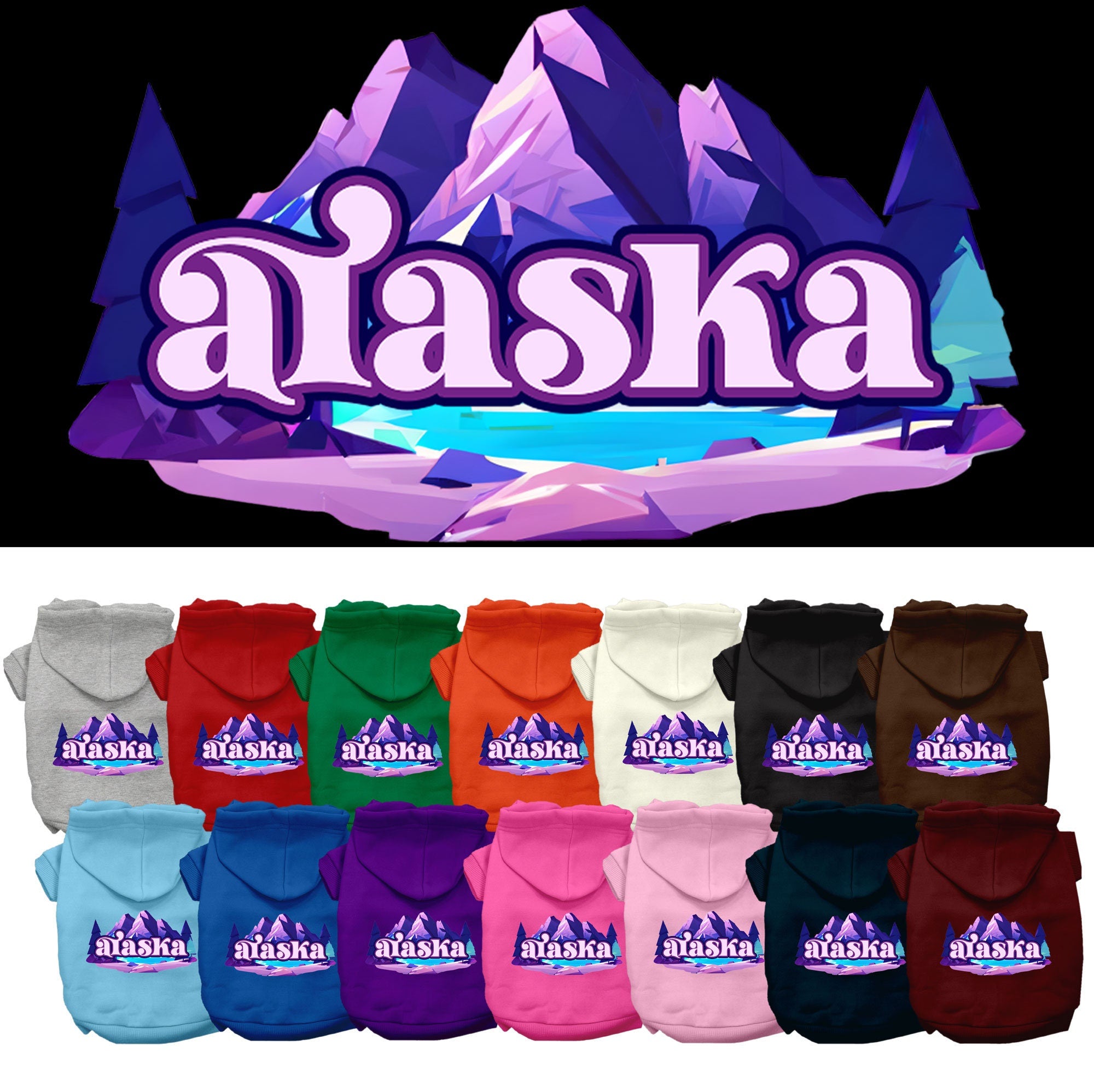 A cozy screen printed hoodie for small to medium pets, featuring the 'Alaska Alpine Pawscape' design, perfect for dogs and cats.