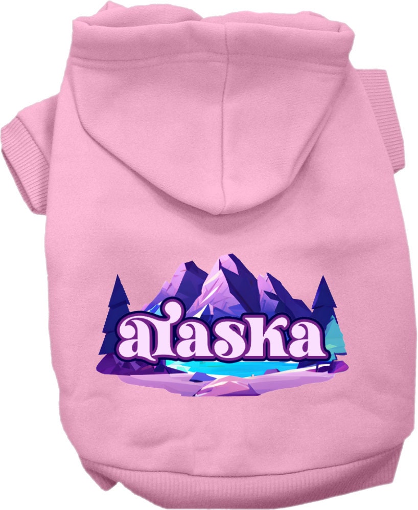 A cozy screen printed hoodie for small to medium pets, featuring the 'Alaska Alpine Pawscape' design, perfect for dogs and cats.