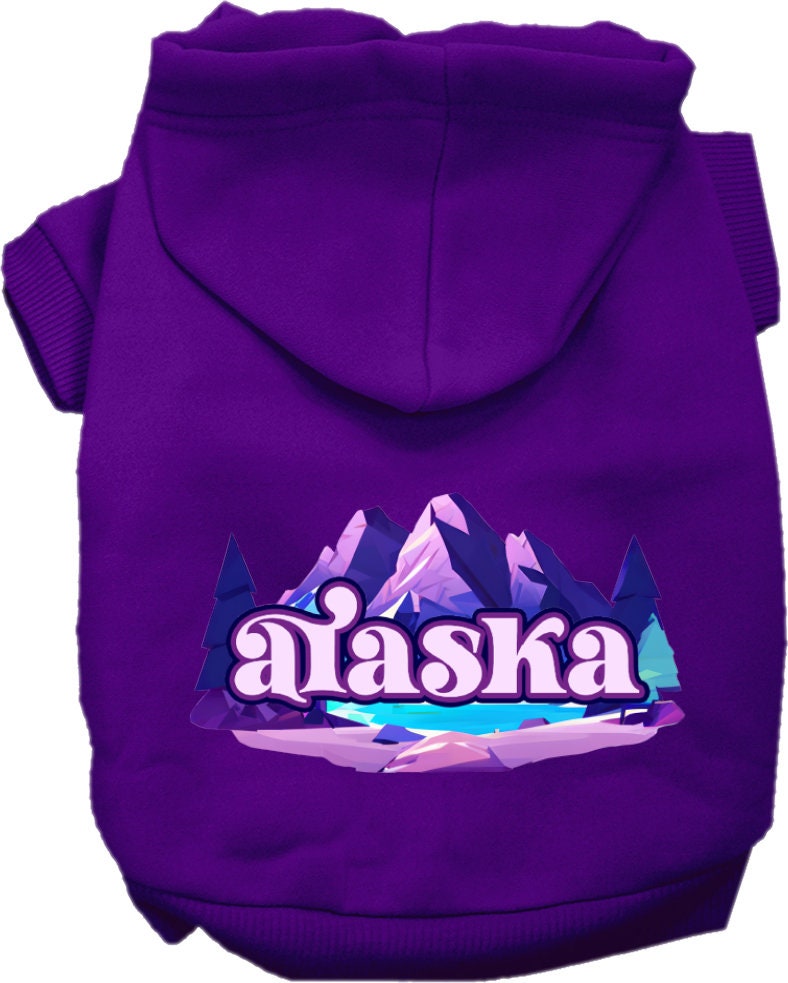 A cozy screen printed hoodie for small to medium pets, featuring the 'Alaska Alpine Pawscape' design, perfect for dogs and cats.