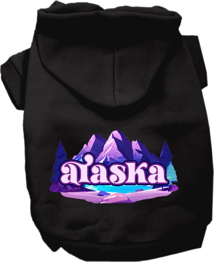 A cozy screen printed hoodie for small to medium pets, featuring the 'Alaska Alpine Pawscape' design, perfect for dogs and cats.