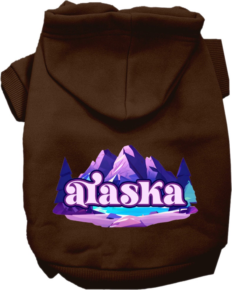 A cozy screen printed hoodie for small to medium pets, featuring the 'Alaska Alpine Pawscape' design, perfect for dogs and cats.