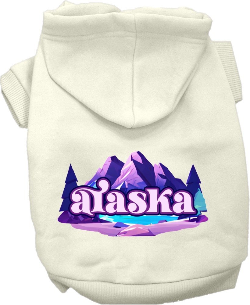 A cozy screen printed hoodie for small to medium pets, featuring the 'Alaska Alpine Pawscape' design, perfect for dogs and cats.