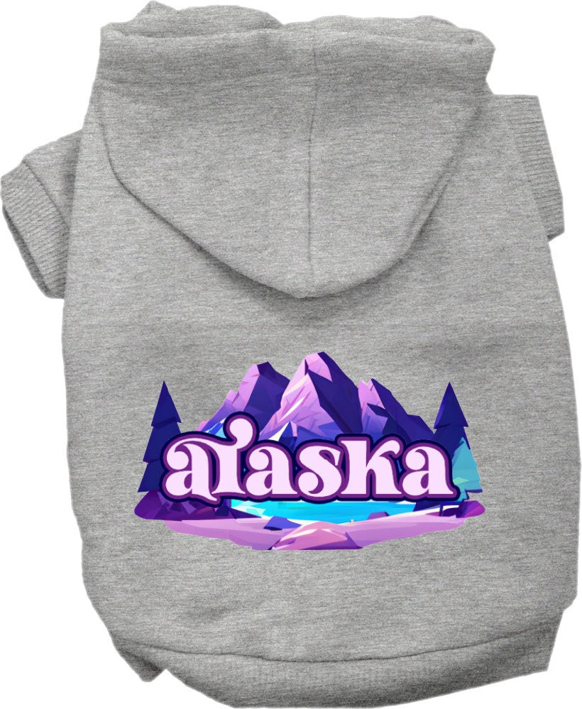 A cozy screen printed hoodie for small to medium pets, featuring the 'Alaska Alpine Pawscape' design, perfect for dogs and cats.