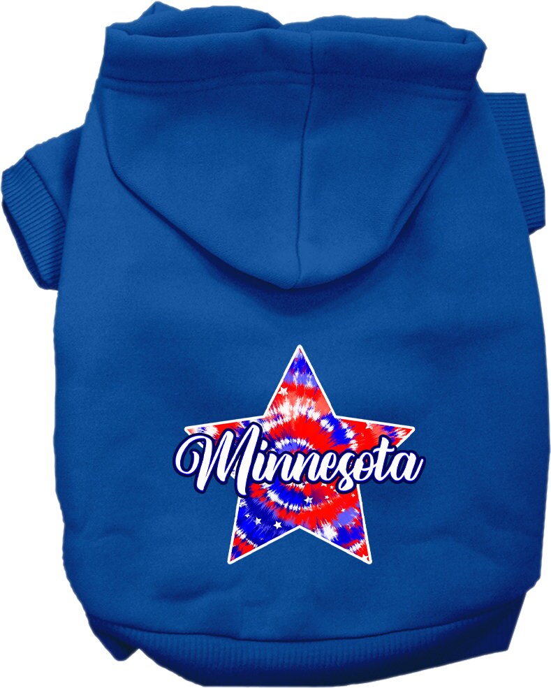 A small to medium pet wearing a Minnesota Patriotic Tie Dye hoodie, showcasing its vibrant colors and comfortable fit.