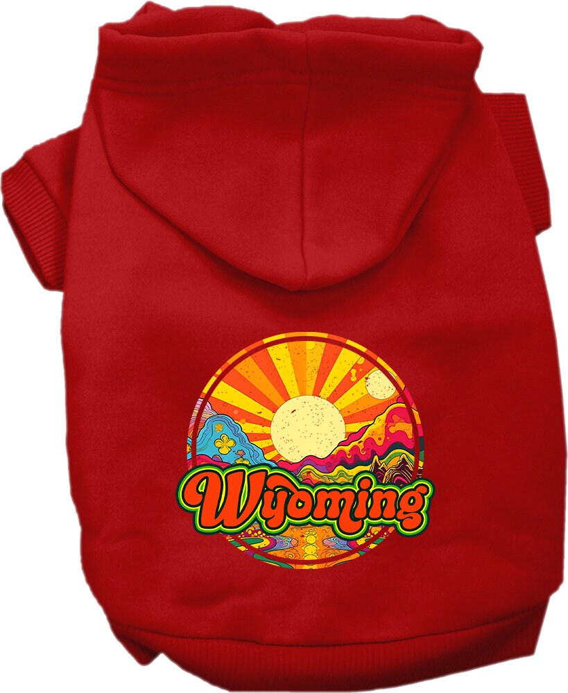 A cozy screen printed hoodie for small to medium pets, featuring a Wyoming Mellow Mountain design, perfect for dogs and cats.