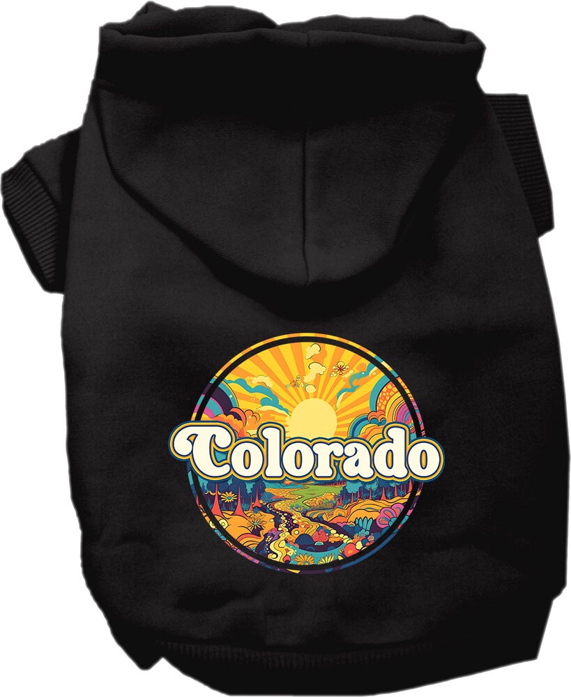 A cozy screen printed hoodie for small to medium pets featuring a colorful Colorado Trippy Peaks design, perfect for dogs and cats.