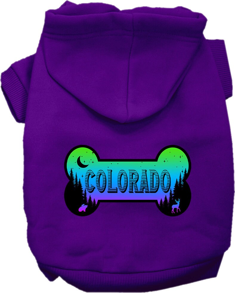 A cozy screen printed hoodie for small to medium pets, featuring a Colorado Mountain Shades design, perfect for dogs and cats.