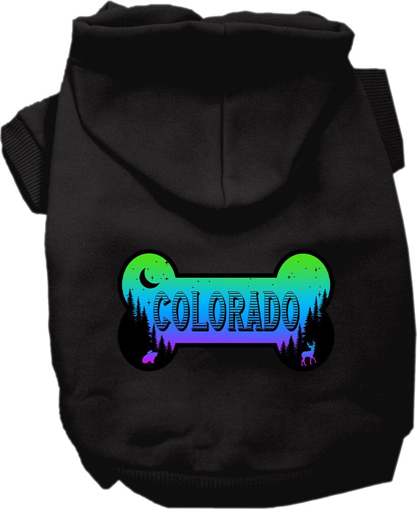 A cozy screen printed hoodie for small to medium pets, featuring a Colorado Mountain Shades design, perfect for dogs and cats.