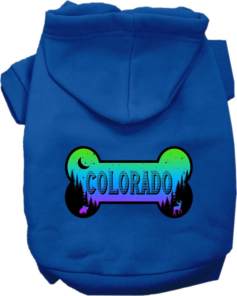 A cozy screen printed hoodie for small to medium pets, featuring a Colorado Mountain Shades design, perfect for dogs and cats.
