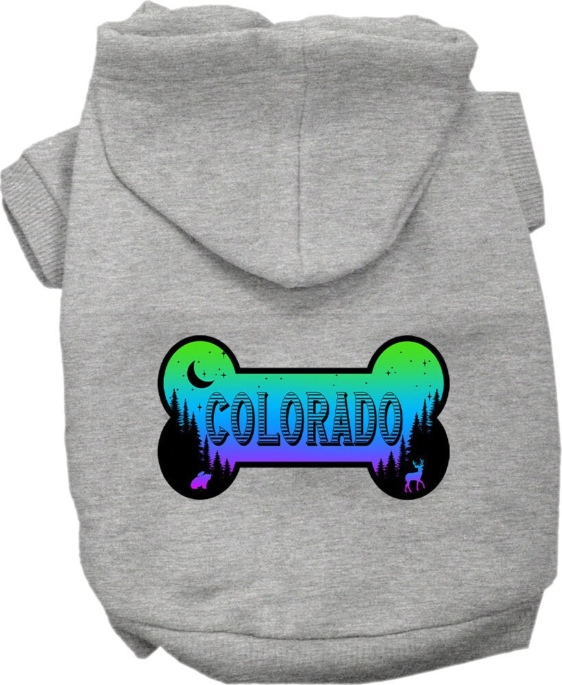 A cozy screen printed hoodie for small to medium pets, featuring a Colorado Mountain Shades design, perfect for dogs and cats.