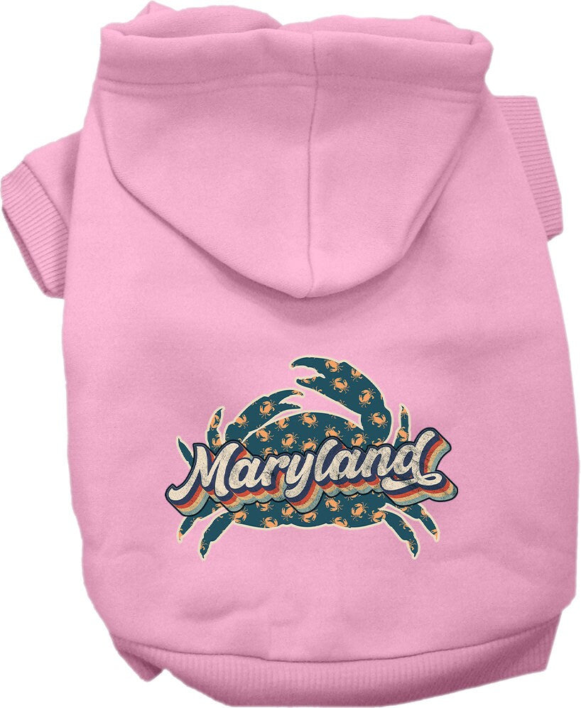A small to medium pet wearing a Maryland Retro Crabs screen printed hoodie, showcasing its soft fabric and stylish design.
